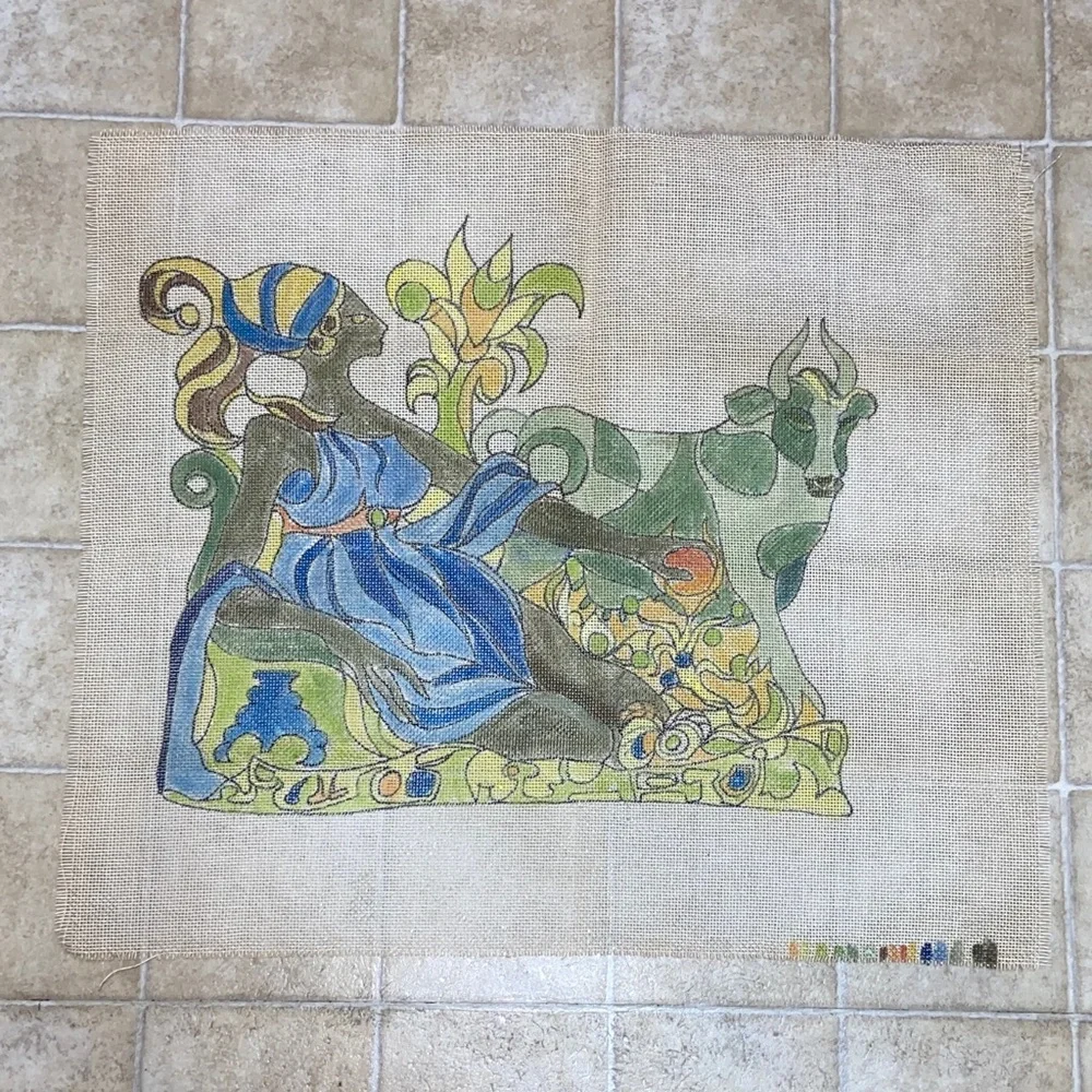 Abstract Reclining Woman and Cow Tapestry in Blue & Green